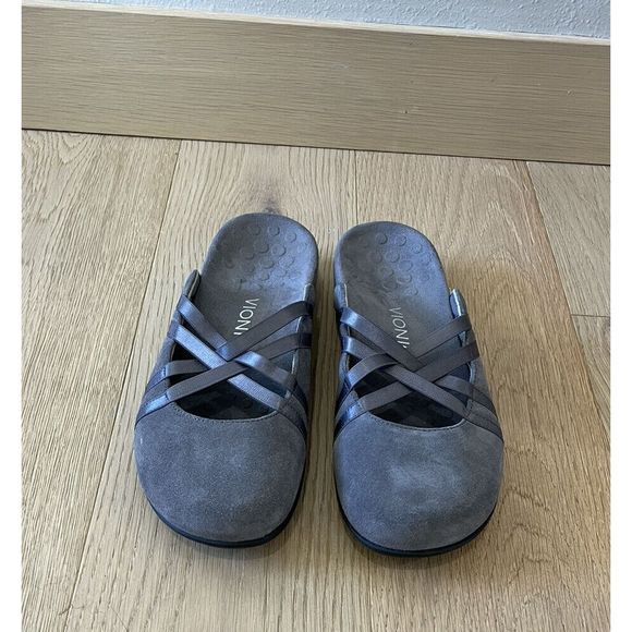 Vionic Suede and Ribbon Womens 9 Slides Slip On Gray Flats Claire - Picture 2 of 4